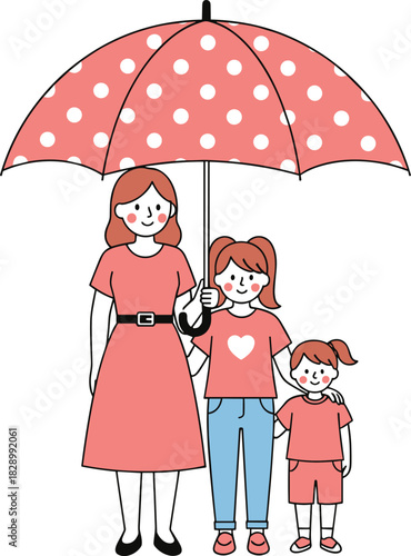 Mother with two daughters under polka dot umbrella, family rainy day protection, cute flat cartoon vector illustration for children design
