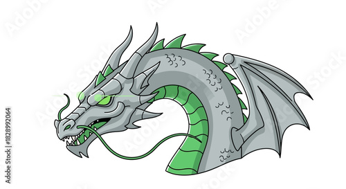 Majestic Green and Gray Dragon Head with Wings.
