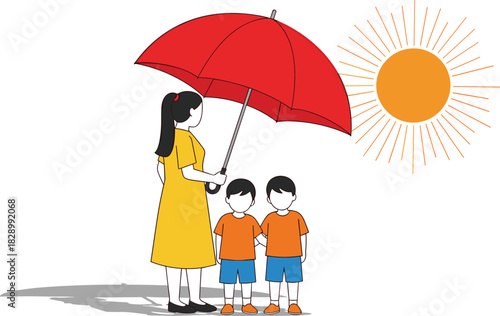 Mother protecting two young boys from the strong sun under a large red umbrella, warm family illustration showing care, safety, and love