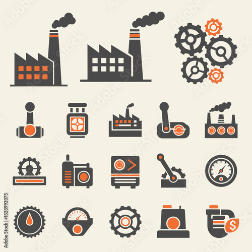 Industrial Icons Set with Factories and Gears.