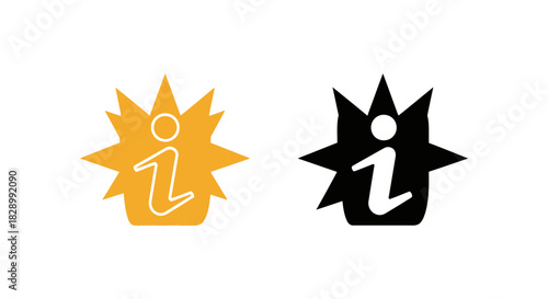 Information symbol with starburst design in two color variations.