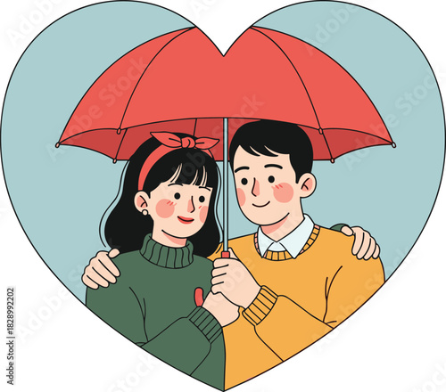 Romantic couple under red umbrella inside heart shape, love and protection concept, cute flat cartoon vector illustration for Valentine design