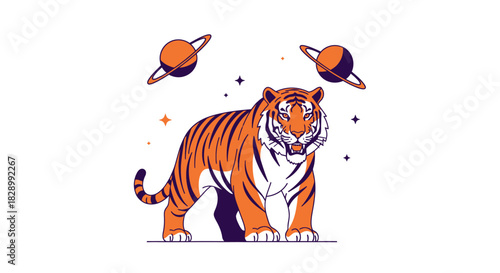 Majestic Tiger Standing with Cosmic Elements Illustration.
