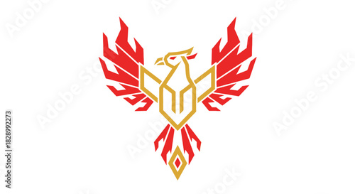Majestic Phoenix Bird with Fiery Wings and Golden Outline.