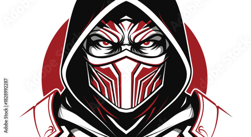 Intense Hooded Figure with Mask and Red Eyes.