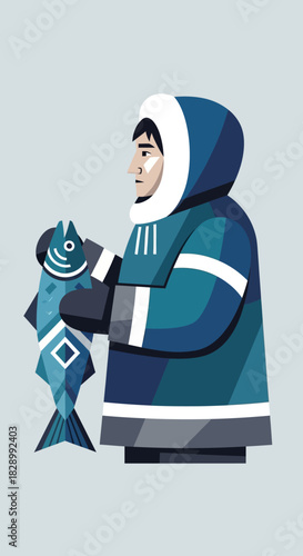 Inuit man in traditional parka holding a freshly caught fish.