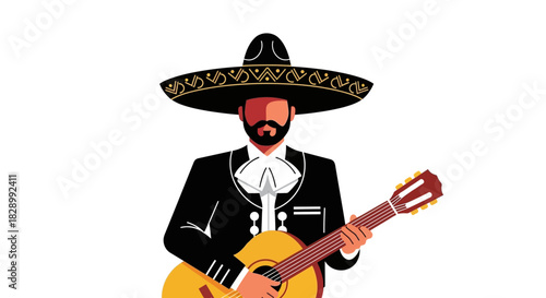 Mexican Mariachi Musician Playing Guitar in Traditional Sombrero.