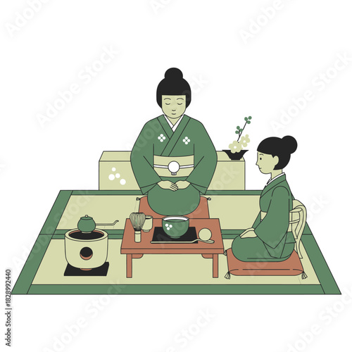 Japanese women performing traditional tea ceremony with matcha and traditional utensils.
