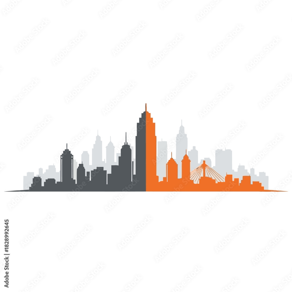 Naklejka premium Modern City Skyline Silhouette with Orange and Gray Buildings.