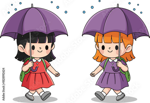 Two cute schoolgirls walking with purple umbrellas in the rain, smiling happily in a colorful cartoon illustration perfect for children’s designs