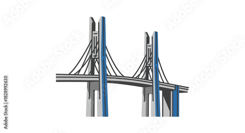 Modern Cable Stayed Bridge Illustration with Blue and Gray Accents.
