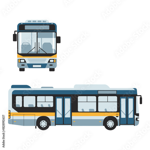 Modern city bus in two views, front and side, for urban public transport.