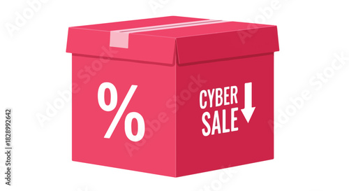 Vibrant graphic illustration of a modern discount box featuring a prominent percentage symbol and "Cyber Sale" text, perfect for online shopping promotions and seasonal offers