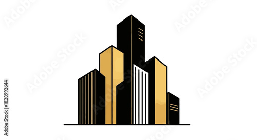 Modern City Skyline Illustration with Gold and Black Skyscrapers.
