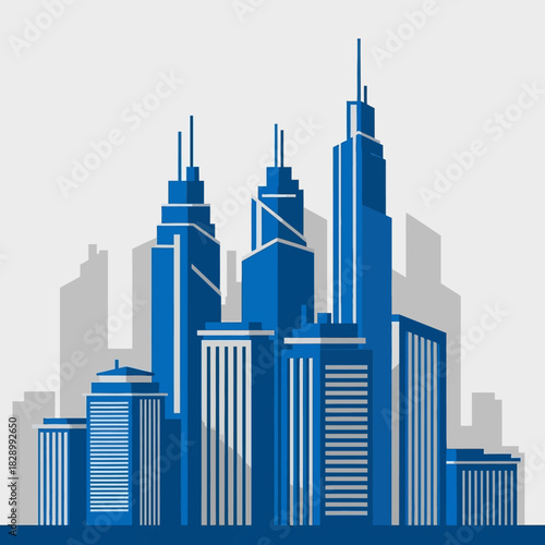 Modern Cityscape with Blue Skyscrapers and Urban Architecture.