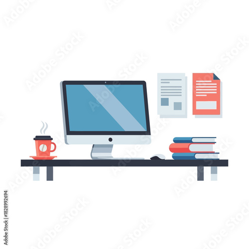 Modern Office Desk Setup with Computer, Coffee, Books, and Documents.