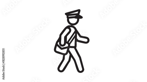Simple vector line art icon depicting a mail carrier walking, showcasing postal service, communication, and package delivery tasks