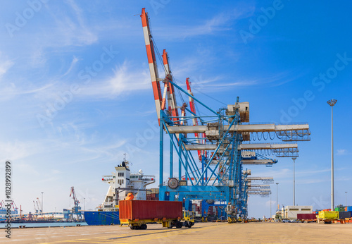 Cargo Truck and Cargo Ship in Port facilities, Container terminal in Ashdod, Israel