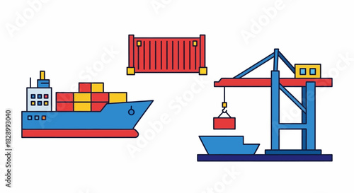 Shipping container, cargo ship, and port crane for global logistics.