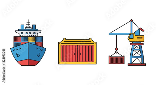 Shipping and logistics elements including cargo ship container and crane.