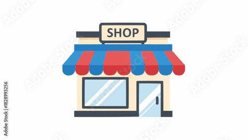 Vector illustration of a storefront with a prominent 'Shop' sign and striped awning, perfect for retail or business concepts