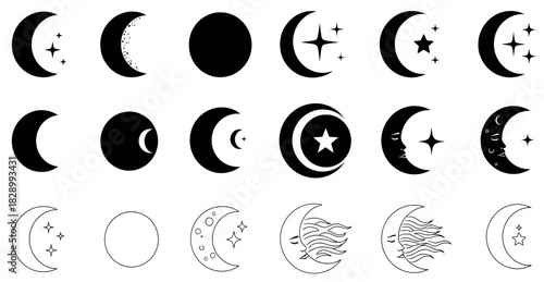 Moon phases vector set with stars and calligraphy