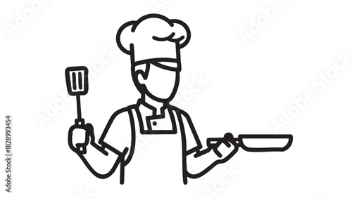 Illustration of a chef in uniform holding a spatula and frying pan, ready to cook