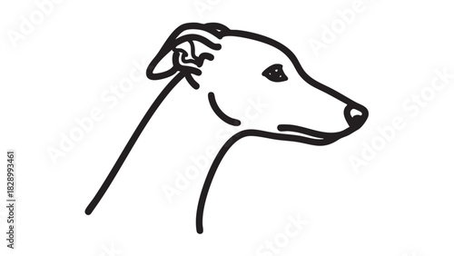 Minimalist line art illustration of a Greyhound dog head in profile. Simple black and white sighthound portrait sketch