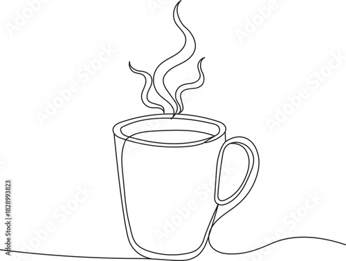 A single continuous line drawing of a hot coffee mug.