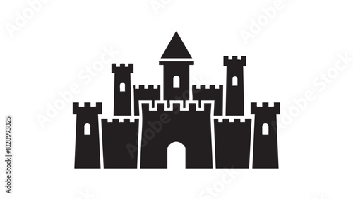Clean, minimalist vector graphic of a classic castle silhouette, embodying concepts of royalty, protection, and historical architecture for various creative projects