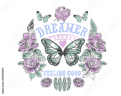 hand drawing flower print design. Vintage hand drawing flowers graphics design. slogan typography t-shirt graphics. butterfly hand drawing illustration.