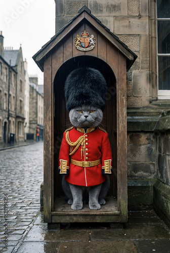 Royal Guard Cat in Uniform. British culture and security concept.
