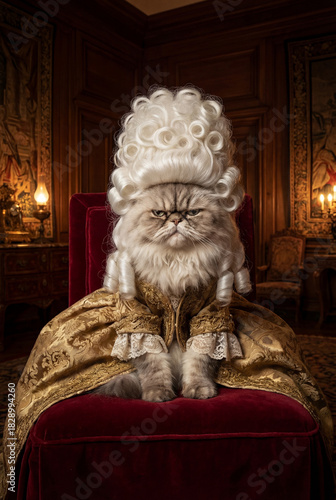 Royal Queen Cat in Baroque Wig. History, luxury, and vintage concept.