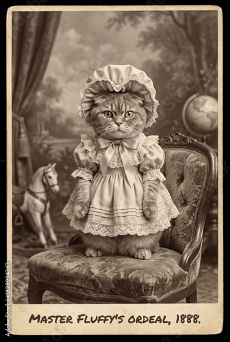 Vintage Sepia Photo of Cat in Bonnet. Retro and nostalgia concept.