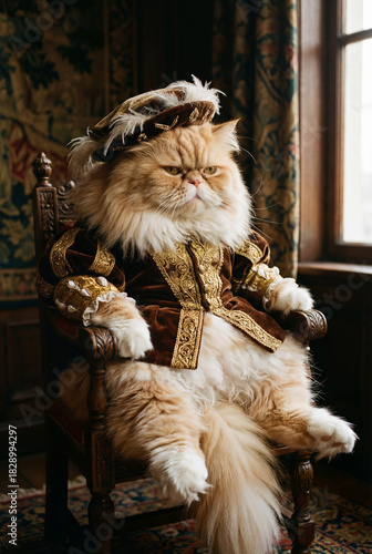 Renaissance King Cat on Throne. Royal, history, and luxury concept.