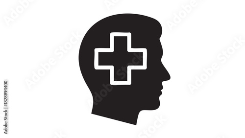 Mental Health Support Abstract Silhouette of Head with Medical Cross Icon
