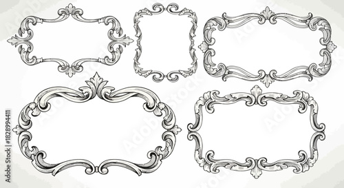 A collection of hand-drawn vintage frames with ornate scrollwork