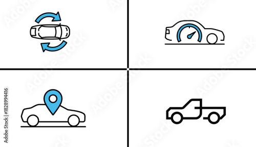 social network icons, Car service and tracking icons set with rotation speed gps and pickup truck