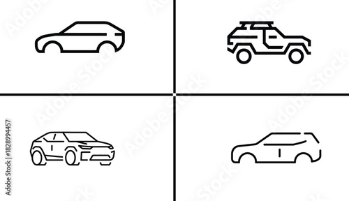 car icon set vector , Modern SUV and off road car line icons set on white background