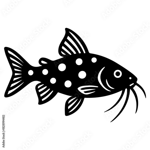 Minimalist black silhouette of a spotted catfish with long barbels and striped fins, a clean graphic on white—great for aquarium labels, fishing designs, and aquatic logos.