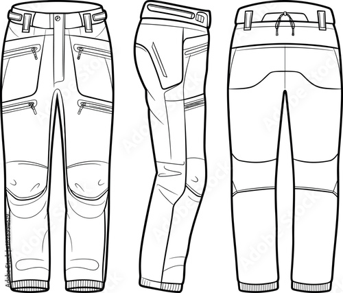 Pants, vector, illustration, sketch, outline, fashion, gear, durable, ergonomic, structured, silhouette, layout, equipment, design, zipper, pocket, protection, reinforced, elastic, utility, garment