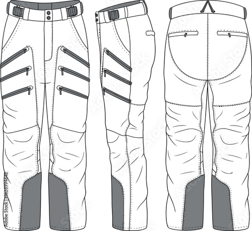 Pants, vector, illustration, sketch, outline, fashion, gear, durable, ergonomic, structured, silhouette, layout, equipment, design, zipper, pocket, protection, reinforced, utility, workwear, garment