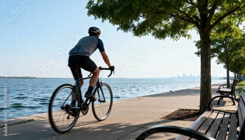 quiet seaside ride, relaxed cyclist enjoying scenic lakeside environment and peaceful surroundings, leisurely bicycle cruise through shaded coastal trail with calm waters and serene atmosphere