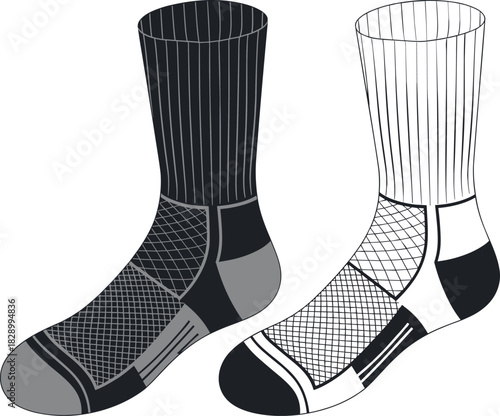 Sock, vector, illustration, sketch, outline, fashion, gear, durable, ergonomic, structured, silhouette, layout, equipment, design, padding, protection, breathable, reinforced, ribbed, athletic
