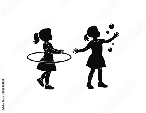 Black silhouette of two girls playing with a hula hoop and bubbles child.