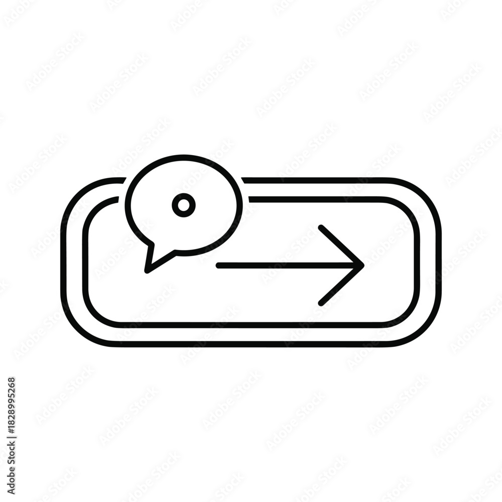 Naklejka premium Black and white line icon of a message bubble and an arrow