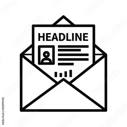 Black and white icon of an open envelope with a document inside