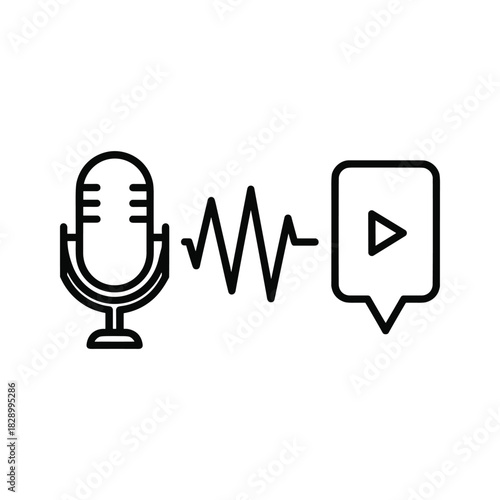 Microphone recording sound wave leading to video play icon isolated on