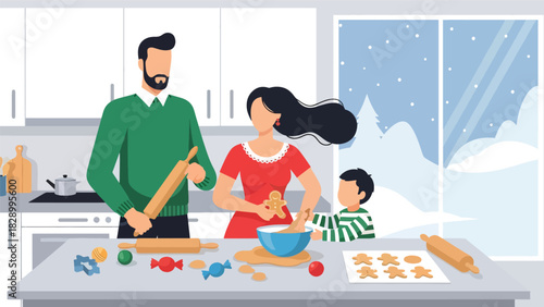 Family baking Christmas cookies and enjoying joyful holiday preparations. Perfect for festive traditions, cozy winter kitchens, and seasonal family activities