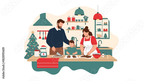 Family baking Christmas cookies and enjoying joyful holiday preparations. Perfect for festive traditions, cozy winter kitchens, and seasonal family activities